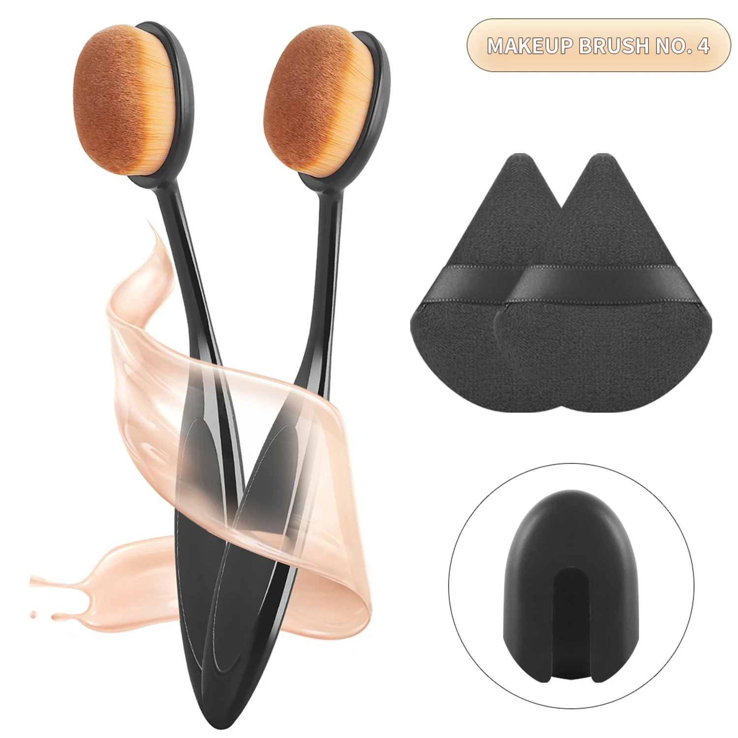 2Pcs Oval Foundation Brushes With Cover + 2Pcs Black Triangle Velour Puff For Base Loose Powder Blush
