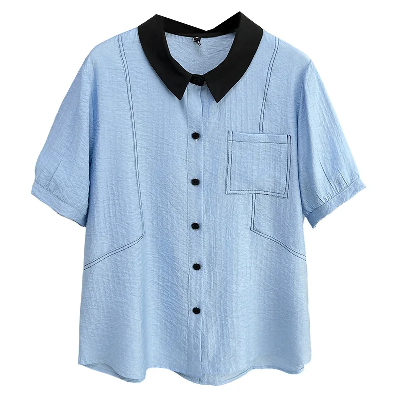 

100KG Plus Size Women's Top Summer New Casual Thin Contrasting Color Bright Line Short Sleeved Shirt 2519