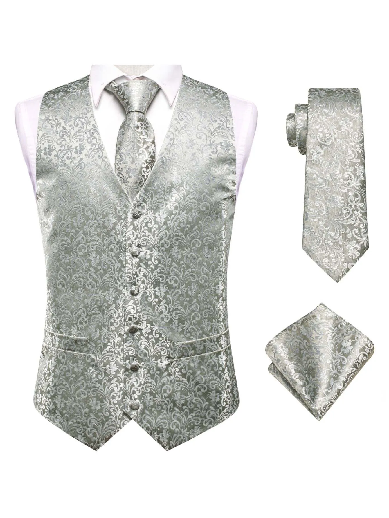 VERVEROW Mens Silver Grey Paisley Jacquard Vest Necktie Hanky Kit for Banquet Prom Premium Stylish Formal Costume 3 Pieces