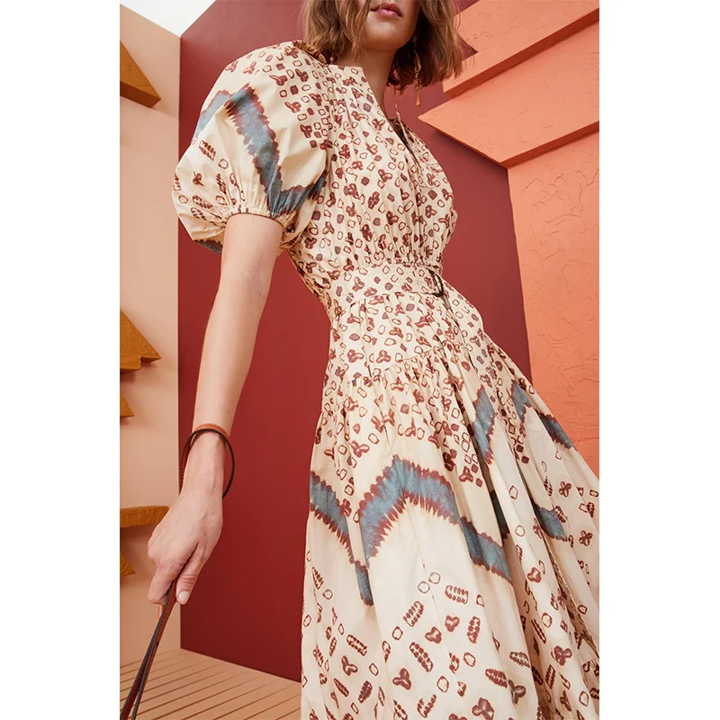 Women Holiday Tie Dyed Printed Midi Dress Short Lantern Sleeve Layered Medium Length Dresses Elastic Waist With Belt 2 Colors