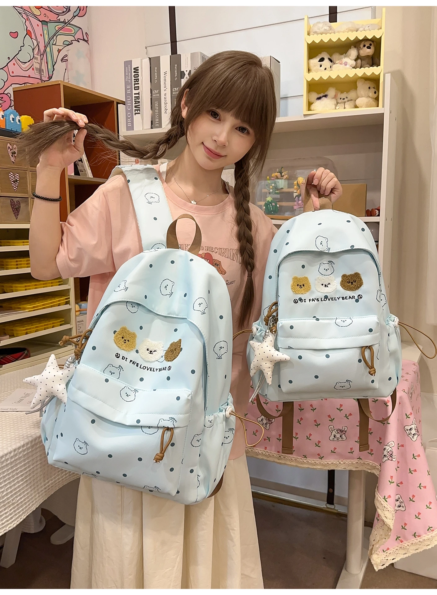 Neuer Studenten-Tagesrucksack aus Canvas für Damen mit Punktdruck und Flauschigem Bären-Patch, Leichte Schultasche für Teenager mit Stern-Anhänger – Detail 24