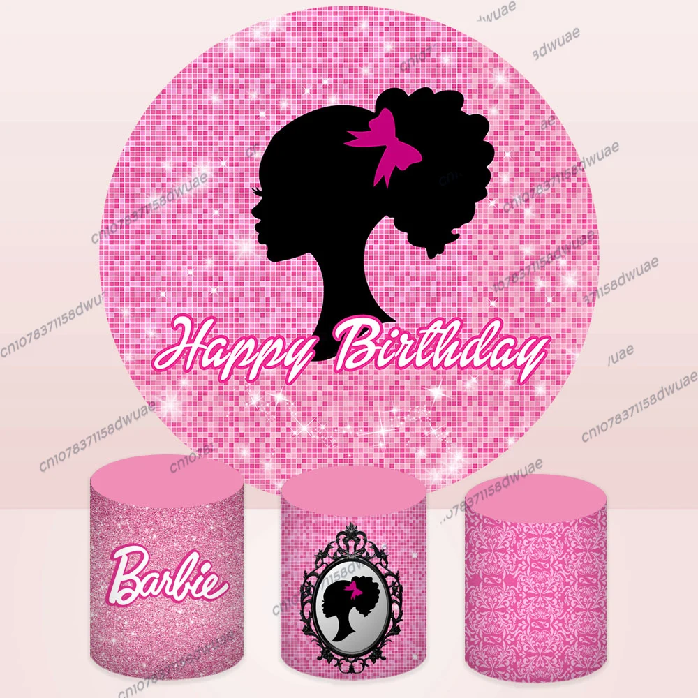 Black Barbie Princess Party Backdrop Pink  Girl Birthday Photography Background  Round&Cylinders Plinth Covers Photo Backdrop  ﻿