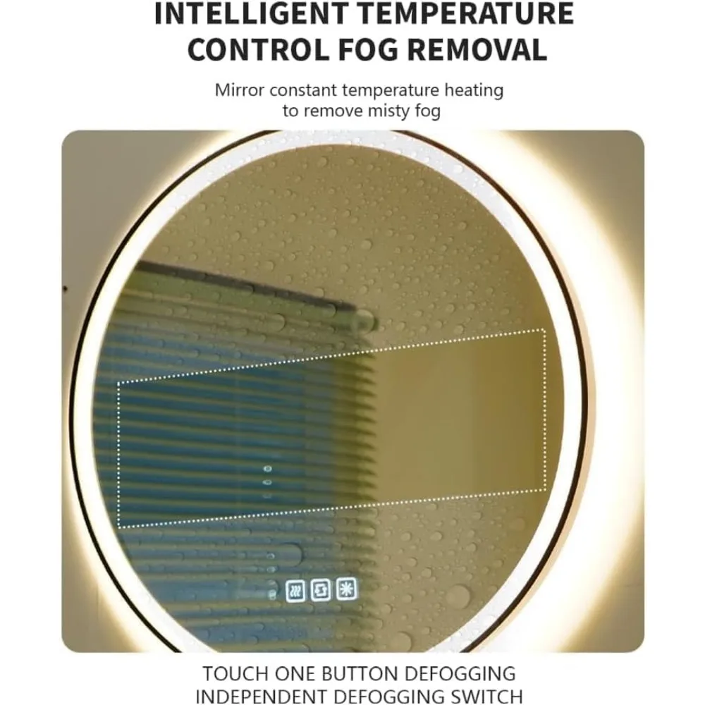 Round 28-inch LED Smart Bathroom Mirror with Circle Lights, Anti-Fog, 3 Colors Dimmable, Front and Backlit, CRI90+