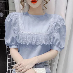 Sweet O-Neck Spliced Lace Ruffles Puff Sleeve Blouse Women's Clothing 2023 Summer New Casual Pullovers Loose Short Sleeve Shirt