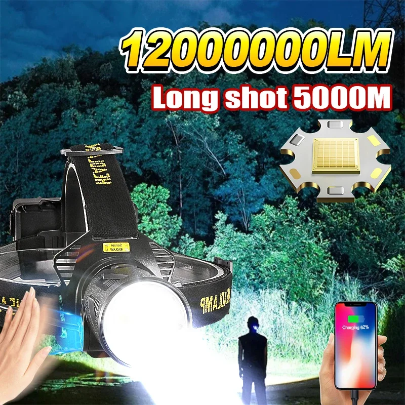 

12000000 Lumens Headlamp Sensor XHP360 Fishing Headlight 18650 Battery Flashlight USB Rechargeable Head Lights Torch Lantern