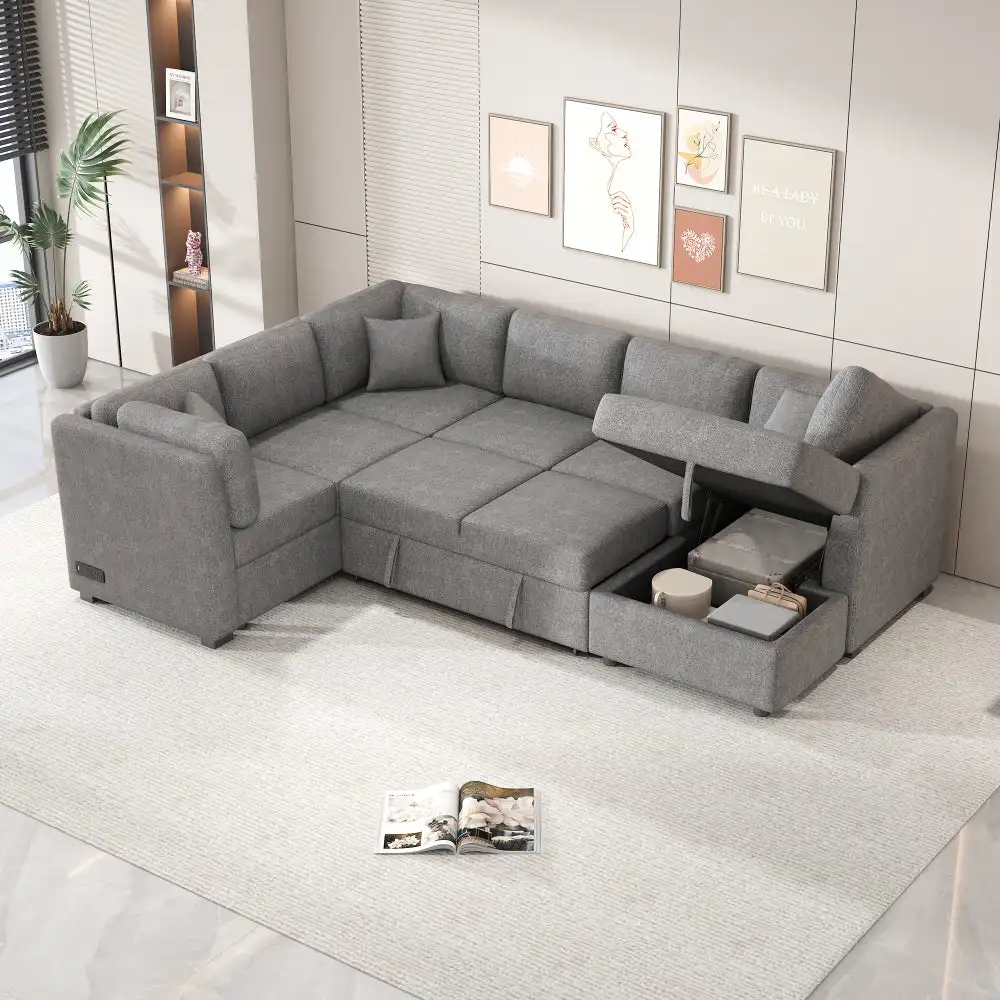 

108.6″ U-shaped Sectional Sofa Pull out Sofa Bed with Two USB Ports, Two Power Sockets, Three Back Pillows and a Storage Chaise