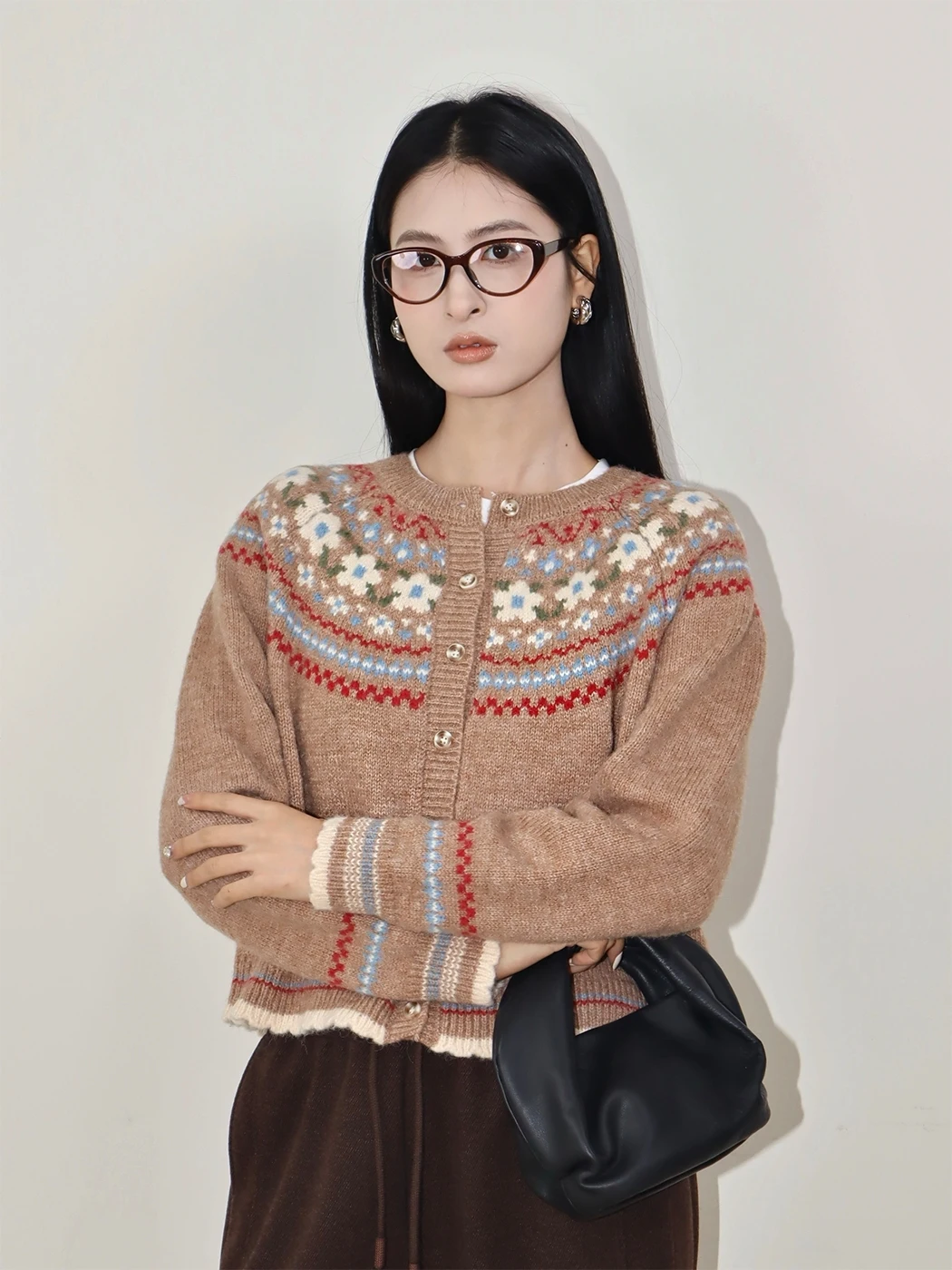 

Handmade Fair Isle Knit ort Open Cardigan Women's Spring Slimming Color Blo Design Sweater Thiened Long Sve Warmth