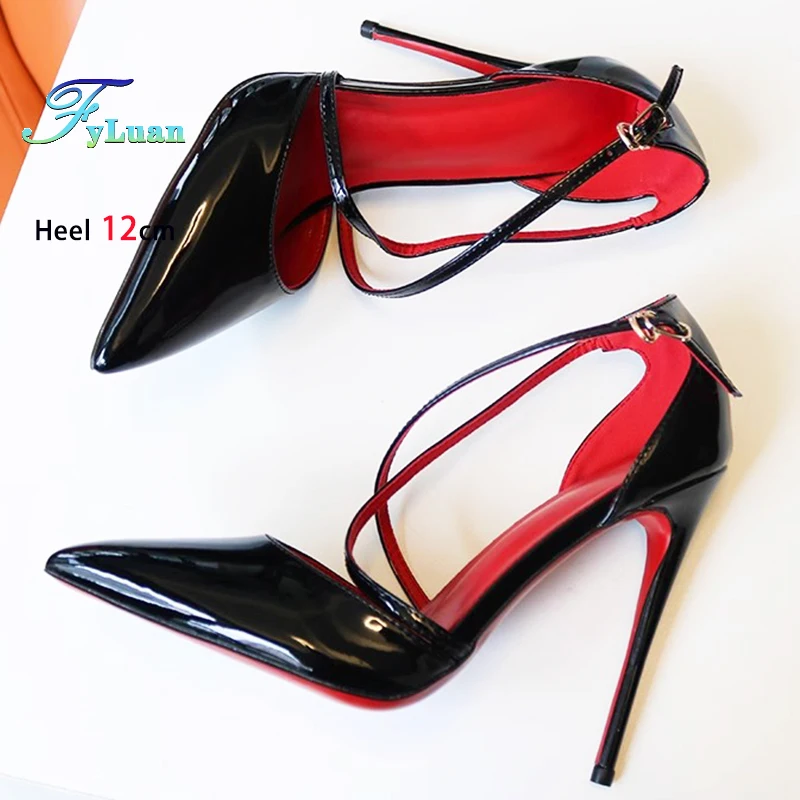 FyLuan Black Cross Strap Needle Pumps Pointed High Heels Patent Leather Women Ankle Strap Stiletto Pointed Toe Sexy Heels Shoes