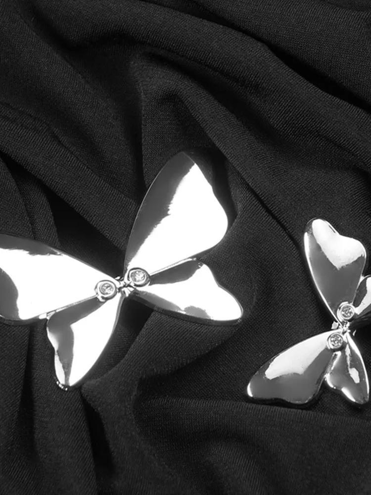 Vestido preto de manga comprida de borboleta feminino, Maxi, Recortado, Elegante, Luxo, Celebridade, Tarde, Clube, Festa, Sexy, 2024