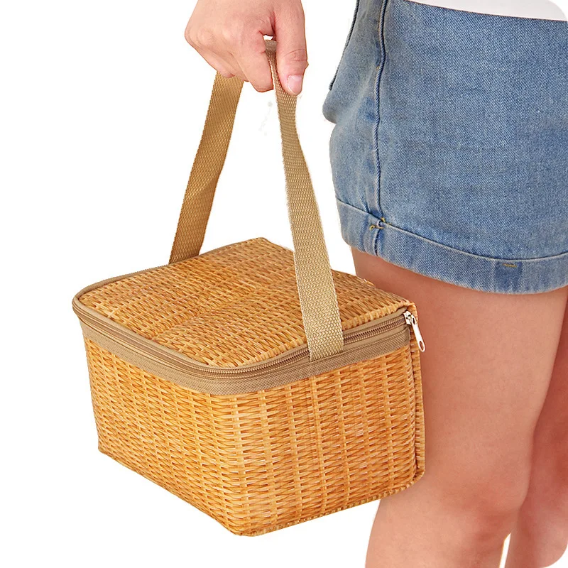 Outdoor Picnic Imitation Rattan Woven Bento Bag Aluminum Foil Lunch Box Outdoor Tote Bag Cold Storage