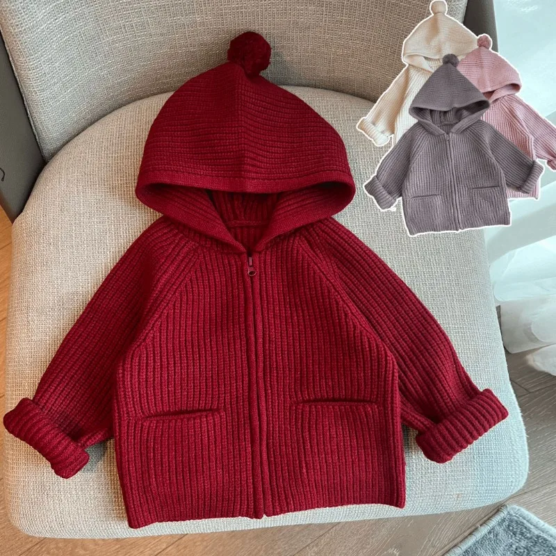 

Spring Autumn Baby Girls Sweaters Christmas Red Knitted Hooded Cardigans Kids Long Sleeve Knit Sweater Coats Children Clothes