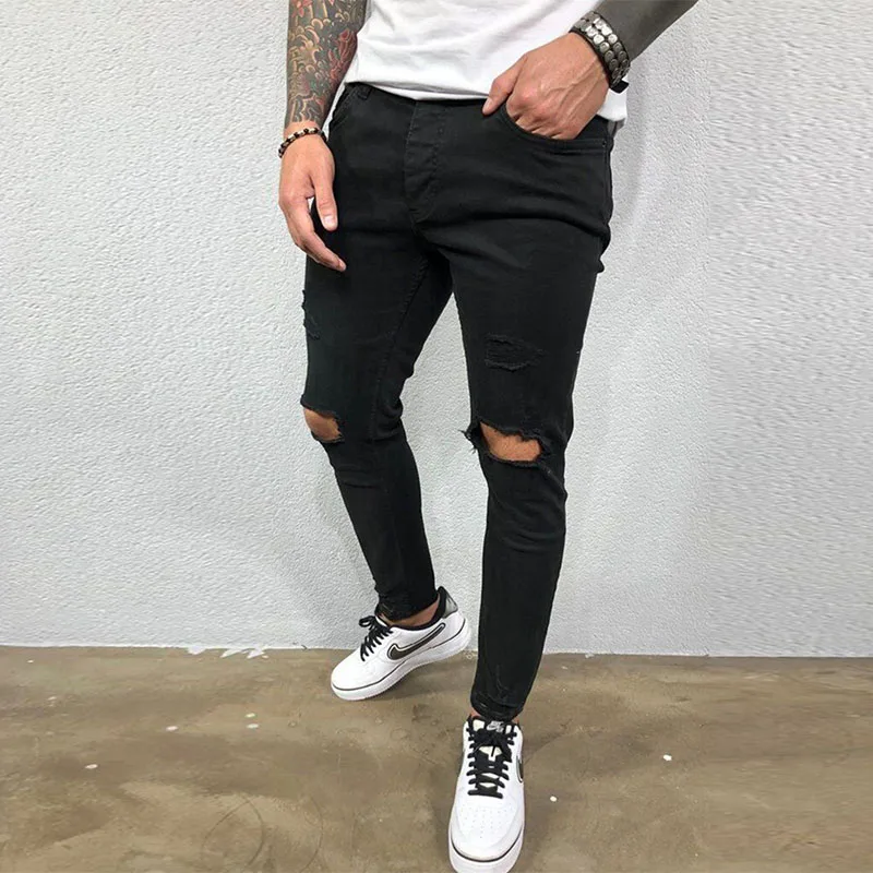 Men Casual Fashion ​Ripped Jeans New Arrivals Street Style Elastic Pure Color Man's Pencil Pants Hip Hop Male Blue Denim Pants