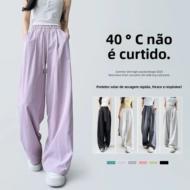 Calças Esportivas de Secagem Rápida com Pernas Largas para Mulheres, Primavera Verão, Finas, Novas, de Cintura Alta, em Seda ...