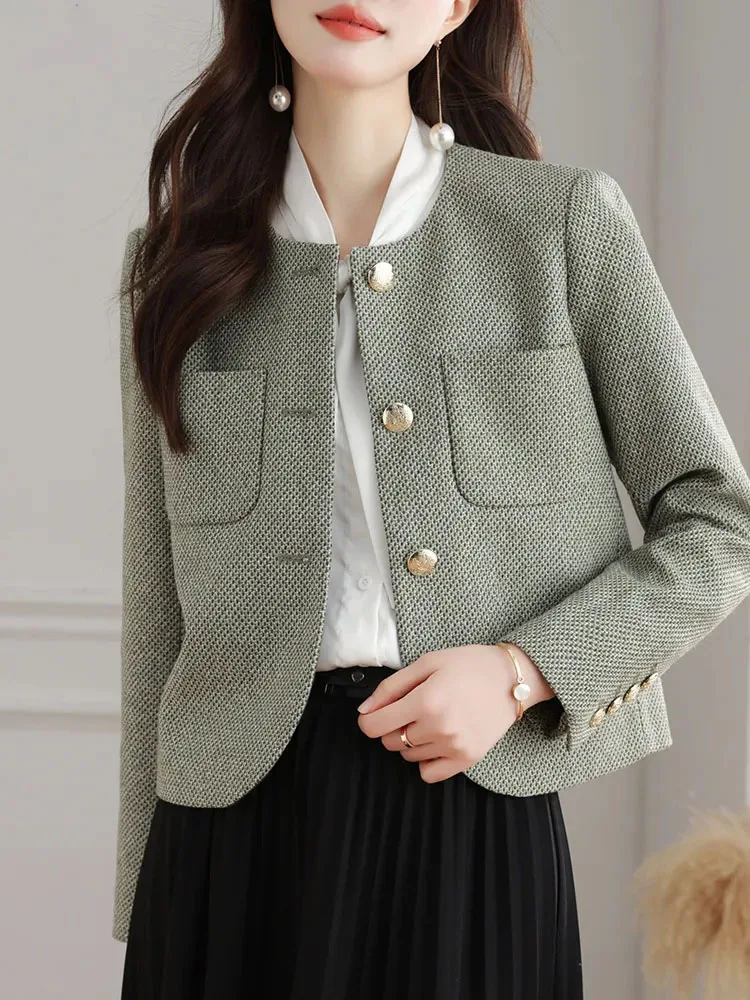 Jmprs Korean Chic Tweed Jackets Women Casual Fashion Long Sleeve Elegant Coat Sweet O Neck Female Fall Winter Outwear Tops New