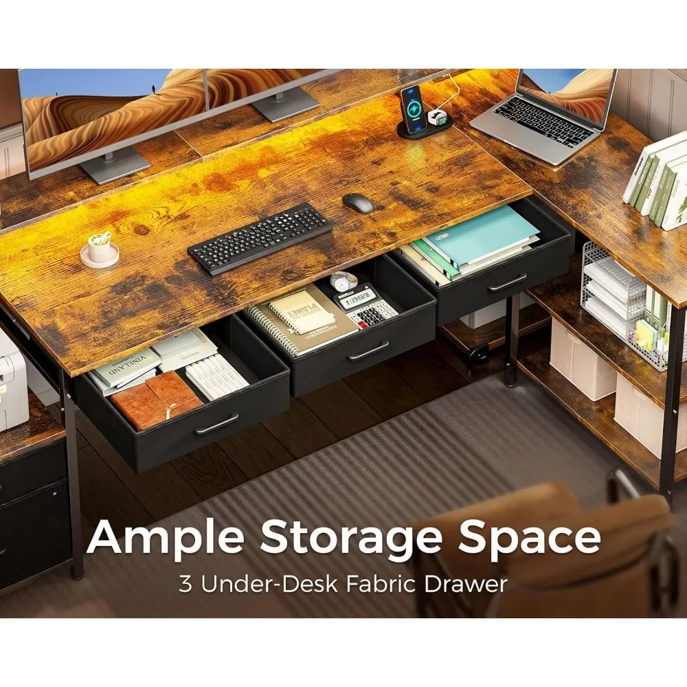 L Shaped Desk with 5 File Drawers, 75" Reversible L Shaped Computer Desk with Power Outlet & LED Strip, Office Desk