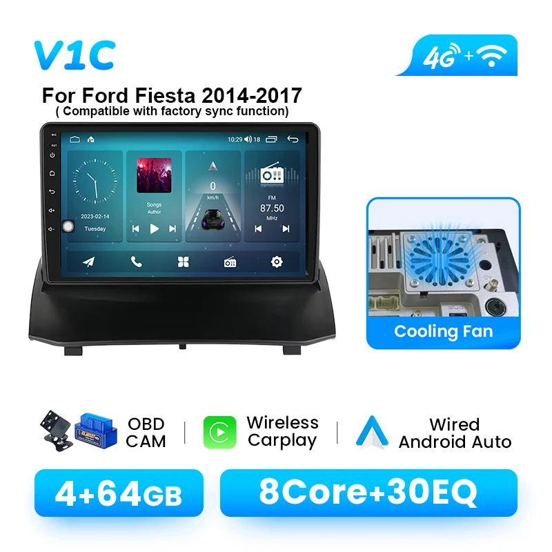 Android 14 Draadloze CarPlay Autoradio Speler Voor Ford Fiesta 2009-2017 Multimedia Navigatie GPS 4G Wifi DSP 1280*720 P IPS RDS