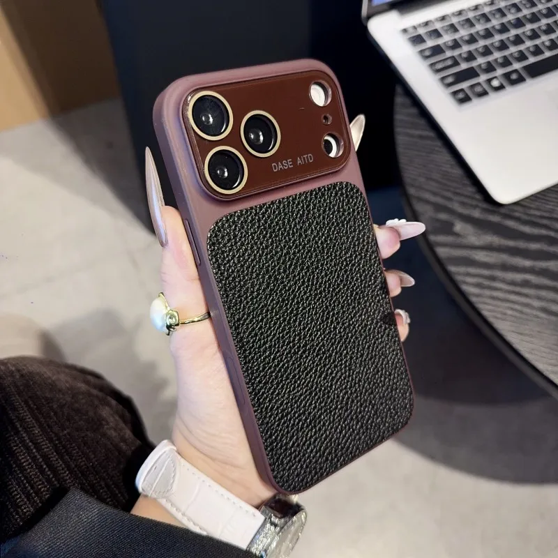 Bonbonfarbene Lychee-Textur Lederhülle für iPhone 17 Pro Max 16 15 14 Plus 13 12 11 Weicher Stoßfänger Harte Rückseite Stoßfeste Objektivschutzhülle