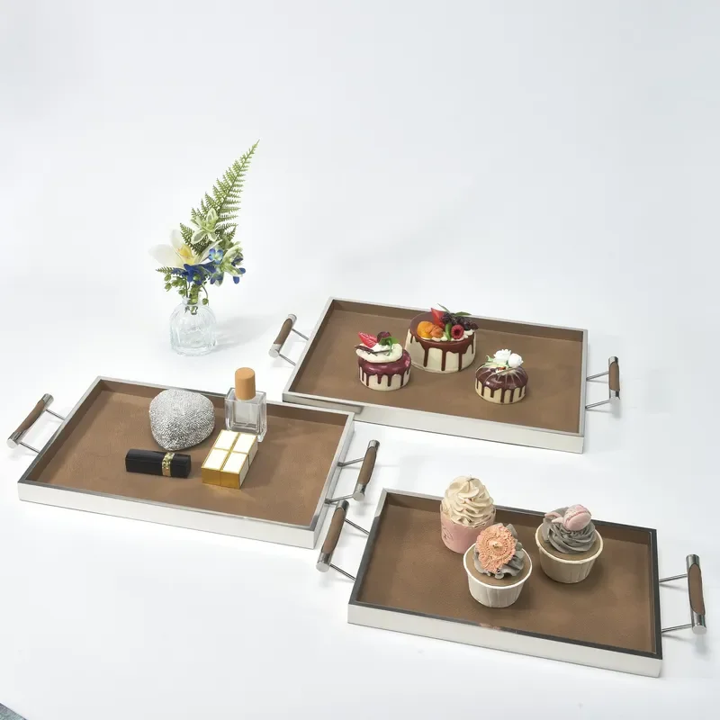 Luxury Stainless Steel Mirror Tray Leather Base Fruit Plate Cake Stand Jewelry Display Storage Organizer for Home Decor