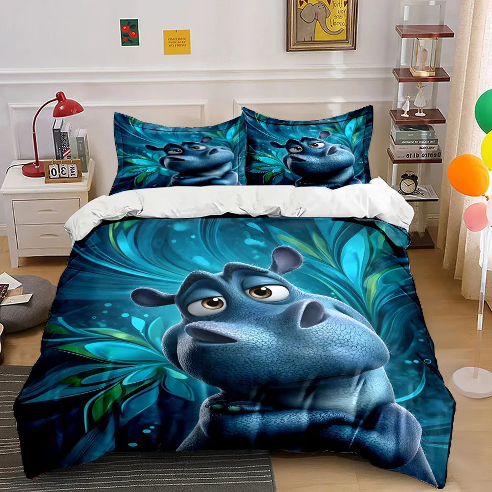 Adorable Blue Hippo with Dreamy Background Print Bedding Set 1 Duvet Cover 2 Pillowcases for Adult and Children Luxury Gift