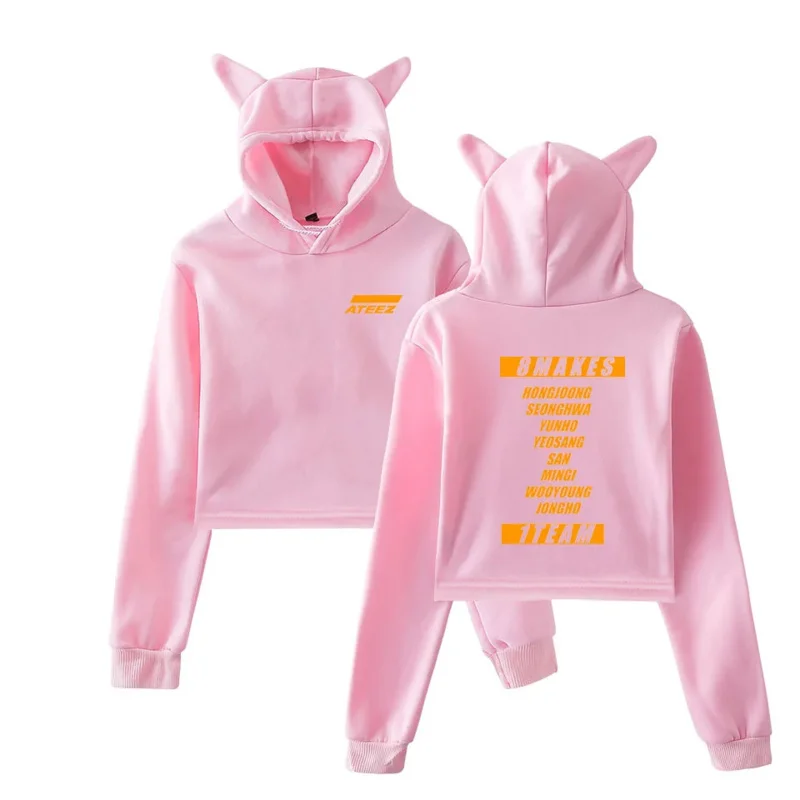 Sweat-shirt court à capuche KPOP ATEEZ pour femme, haut court, oreille de chat drôle, pull à capuche, mode coréenne, Kawaii, Y-Streetwear, RZ