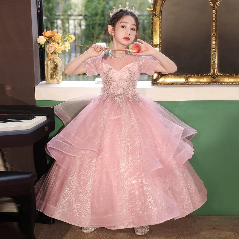 

Children's Dresse Pink flower kids Sequin Perspective Sexy Long Dress for wedding Ball Birthday party Girl Bridesmaid Dress robe