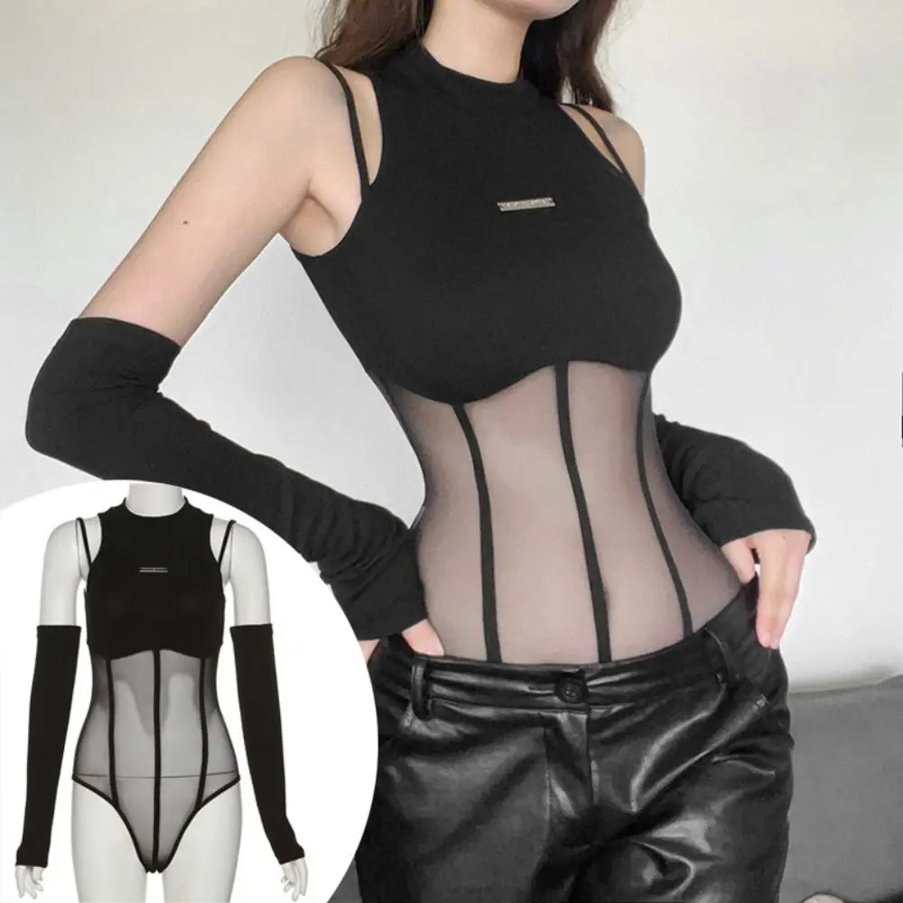 with Arm Sleeves Lace Slim Bodysuit Spicy Girl Style Skinny Translucent Bodysuit Crop Top Wrap Round Solid Neck