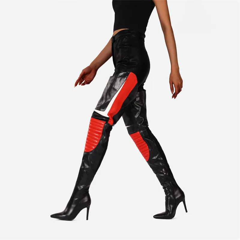 

Color Block Pointed Toe Stiletto Over-The-Knee Boots Winter Street Sports Style High Botines Women Leather Large Size Shoes