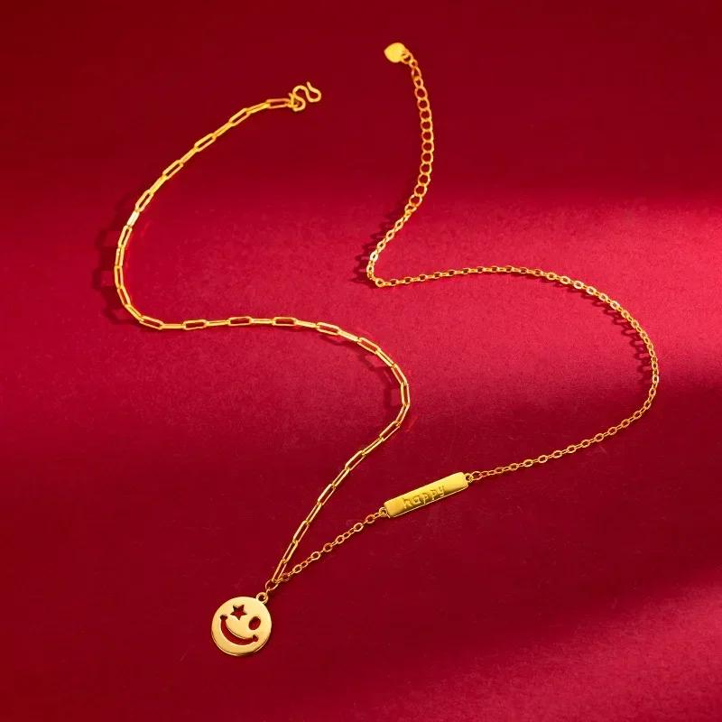 

9999 Real Gold 24K Ins Wind Smiley Face Collarbone Necklace Niche High-end Smiley Face Expression Necklace