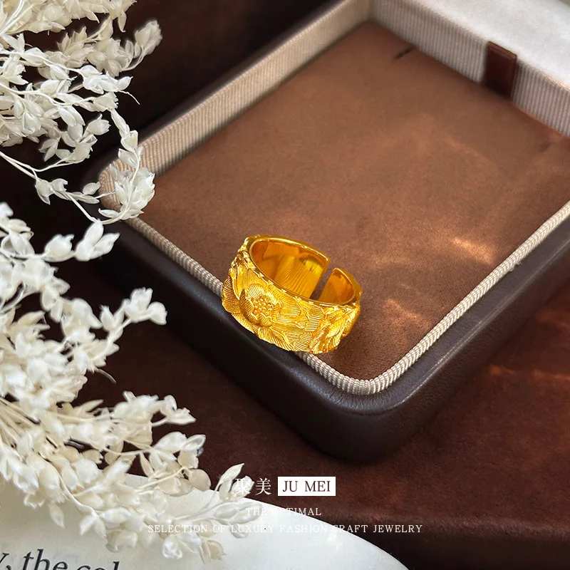 9999 24K real gold store same style women's gold ring with movable mouth peony flower exquisite fashion jewelry