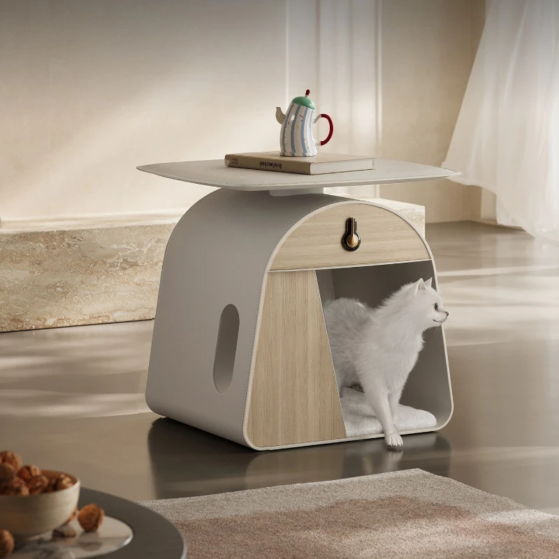 Modern side living room pet semi-closed saddle leather bedside table versatile