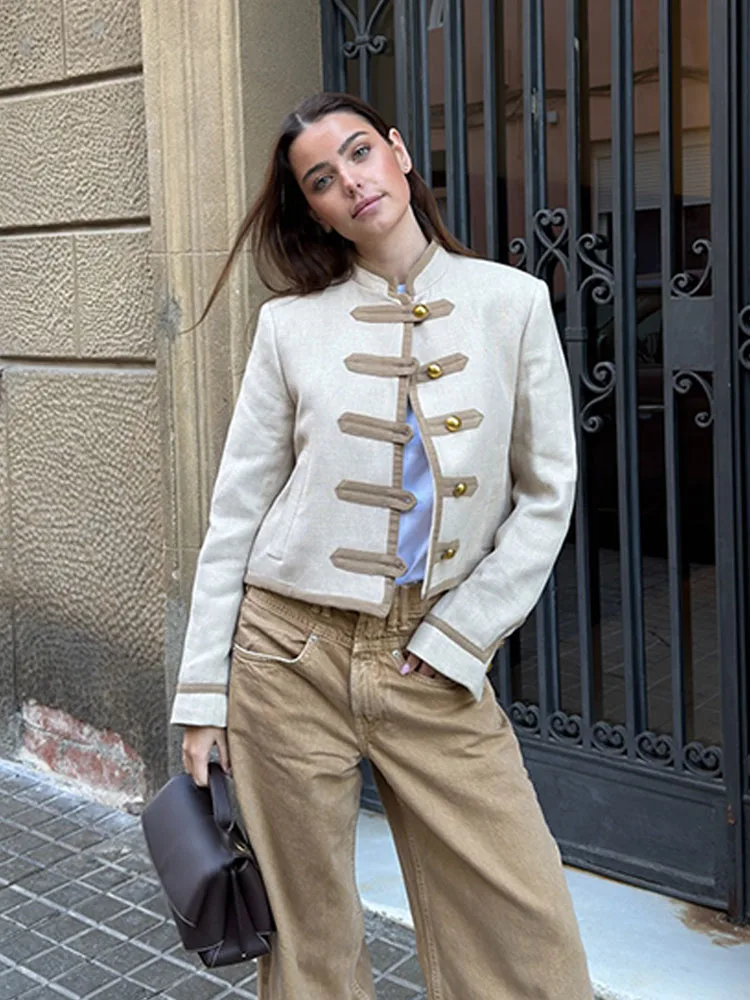 

HH Women Winter Fashion Versatile Stand Collar Shoulder Padded Rope Knot Single-breasted Jacket Female High Street Casual Coat