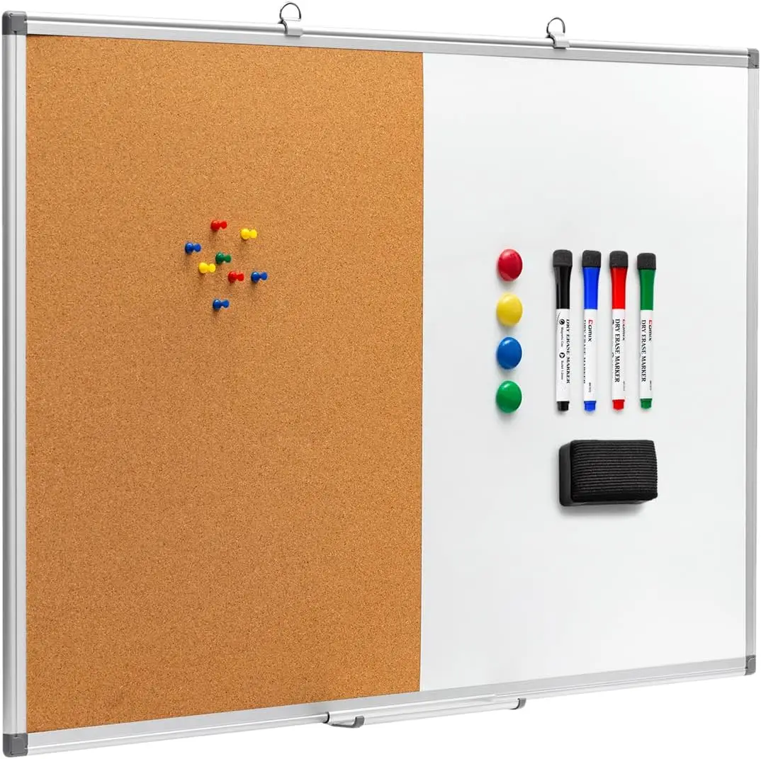

36 x 24 Inch Magnetic Dry Erase Board & Cork Bulletin Board Combo with Aluminum Frame, Markers, Magnets, Eraser, Push Pins for