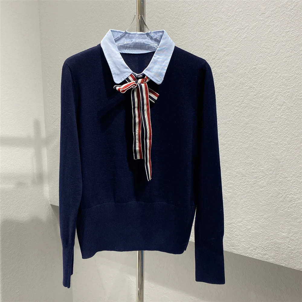 

Высококачественная шерстяная версия, вязаный свитер с бантом и воротником irt, искусственный двухсекционный длинный топ средней длины