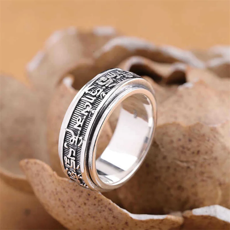 High Grade 925 Sterling Silver Ring For Men Jewelry Retro Buddhist Scriptures Ring Male Amulet  Accessories Double Layer Bijou