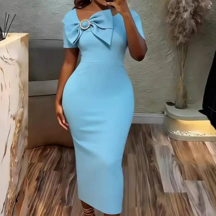 New Style Round-neck Elegant Slim-fit High-waisted Dress With Three-dimensional Bow Appliqué And Bodycon Skirt