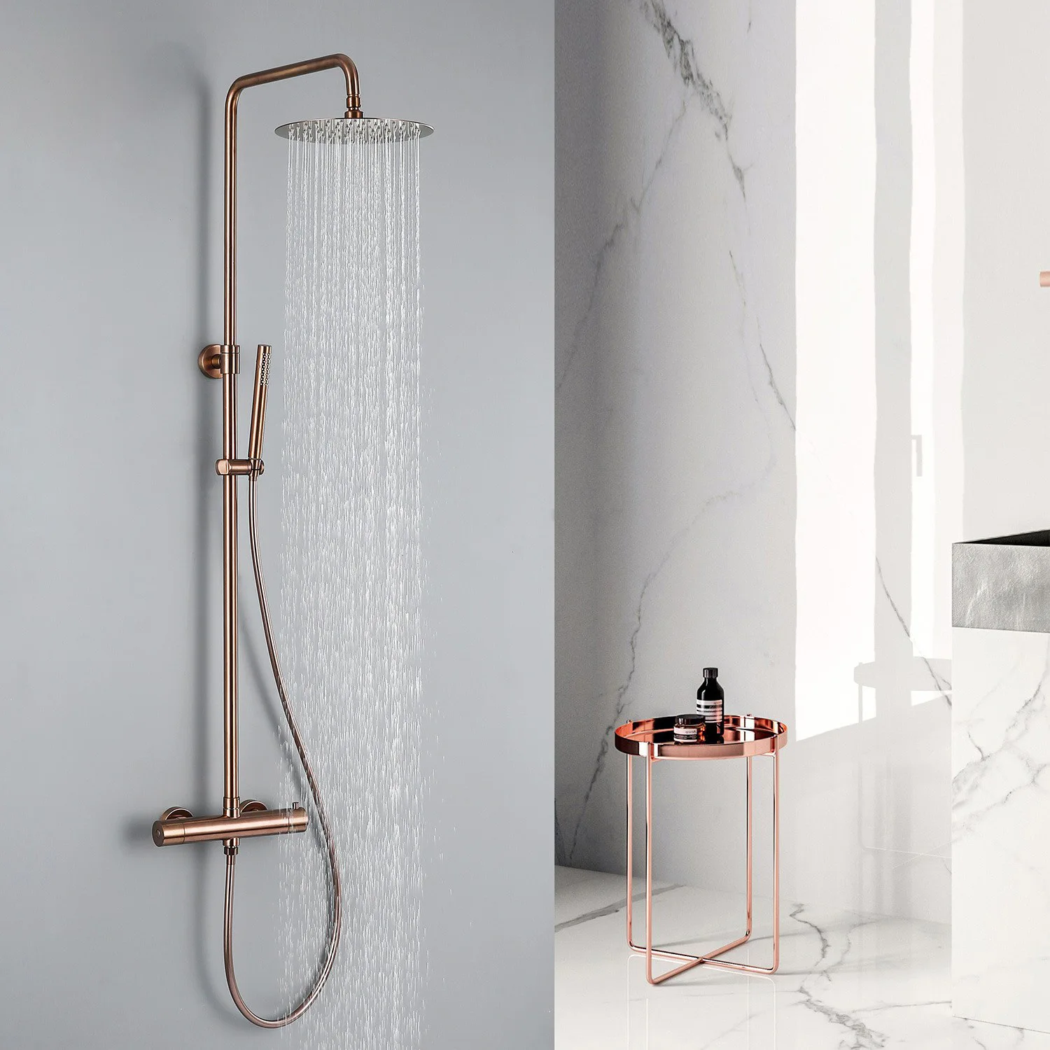 Thermostatic Shower Set Brushed Gold Faucet Brass Temperature Bathroom System Mixer Tap Rain Head Wall-Mount Handheld Sprayer