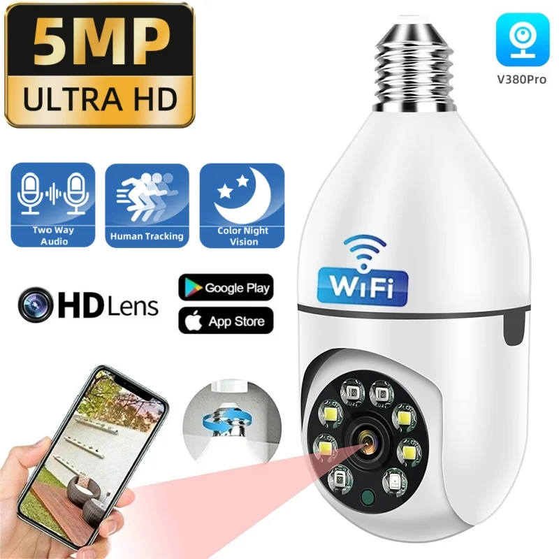 

5MP E27 Bulb Surveillance 5X Digital Zoom Camera Indoor WiFi Baby Monitor Cameras Color Night Vision Security CCTV Wireless Cam