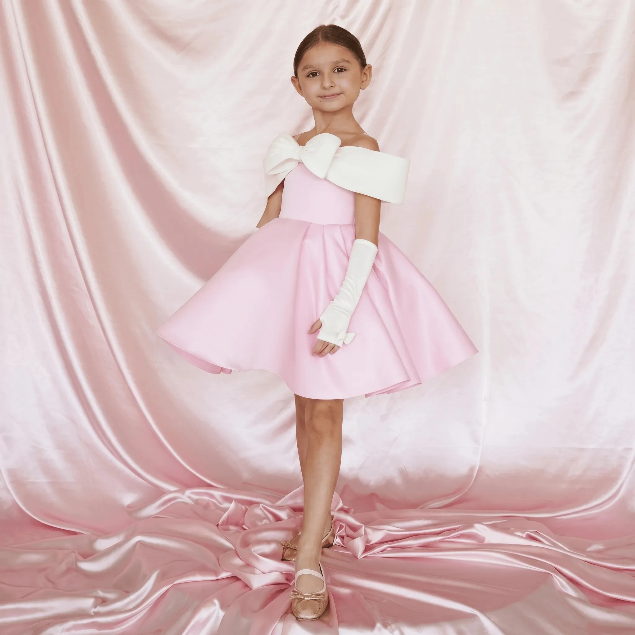 Kids Off Shoulder Flower Girl Dress Pink Satin Big White Bow Pageant Short Princess Gown With Long Gloves Wedding Birthday