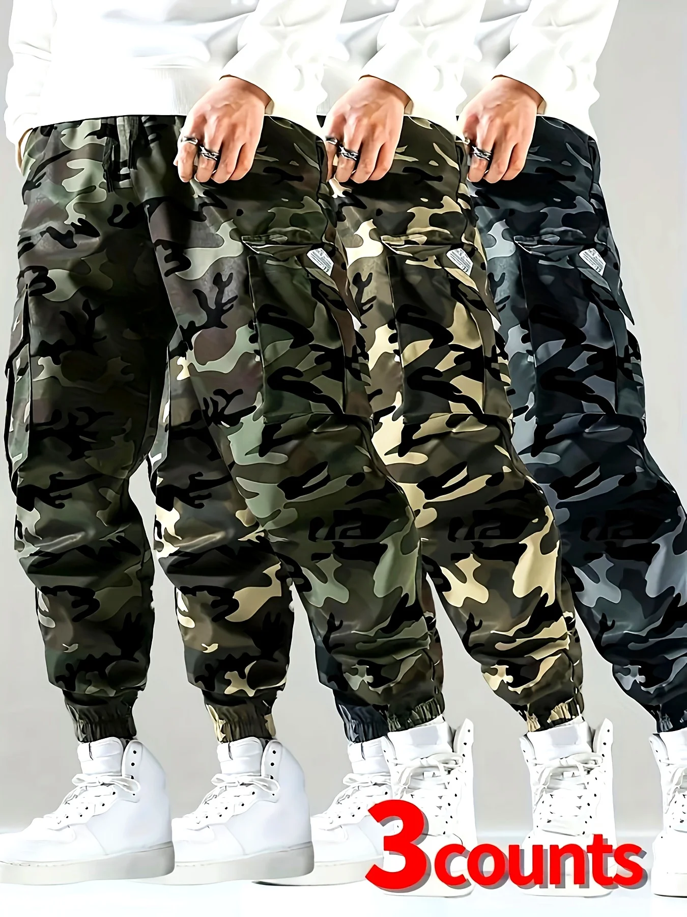 

3pcs Men'S Casual Cargo Pants - Camouflage Design, Elastic Waistband, Multiple Pockets, Breathable & Comfortable All-Season Wear