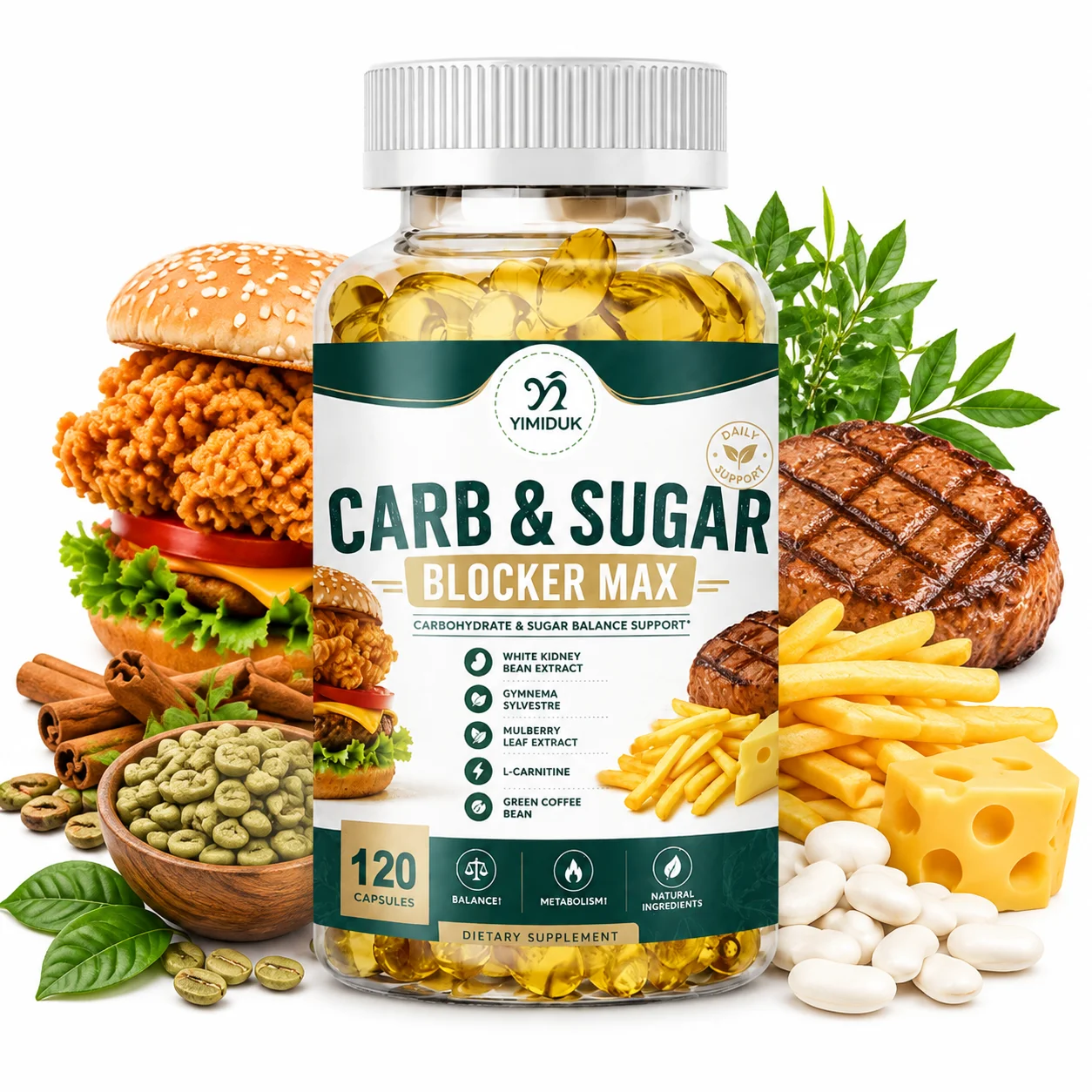 Carb & Sugar Blocker Max Capsules, White Kidney Bean & Green Coffee Bean, Support Metabolism & Calorie Burn, Weight Management