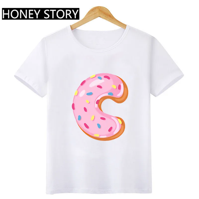 Pink Donut 26 English Letters ABC Cartoon Printed Children's Round Neck Short Sleeve for Boys and Girls