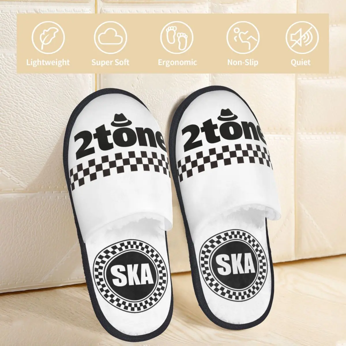 Chinelos de algodão com espuma macia da memória, chinelos interiores antiderrapantes com logotipo SKA-Rock SKA, 2 tons, 2 tons, música, inverno