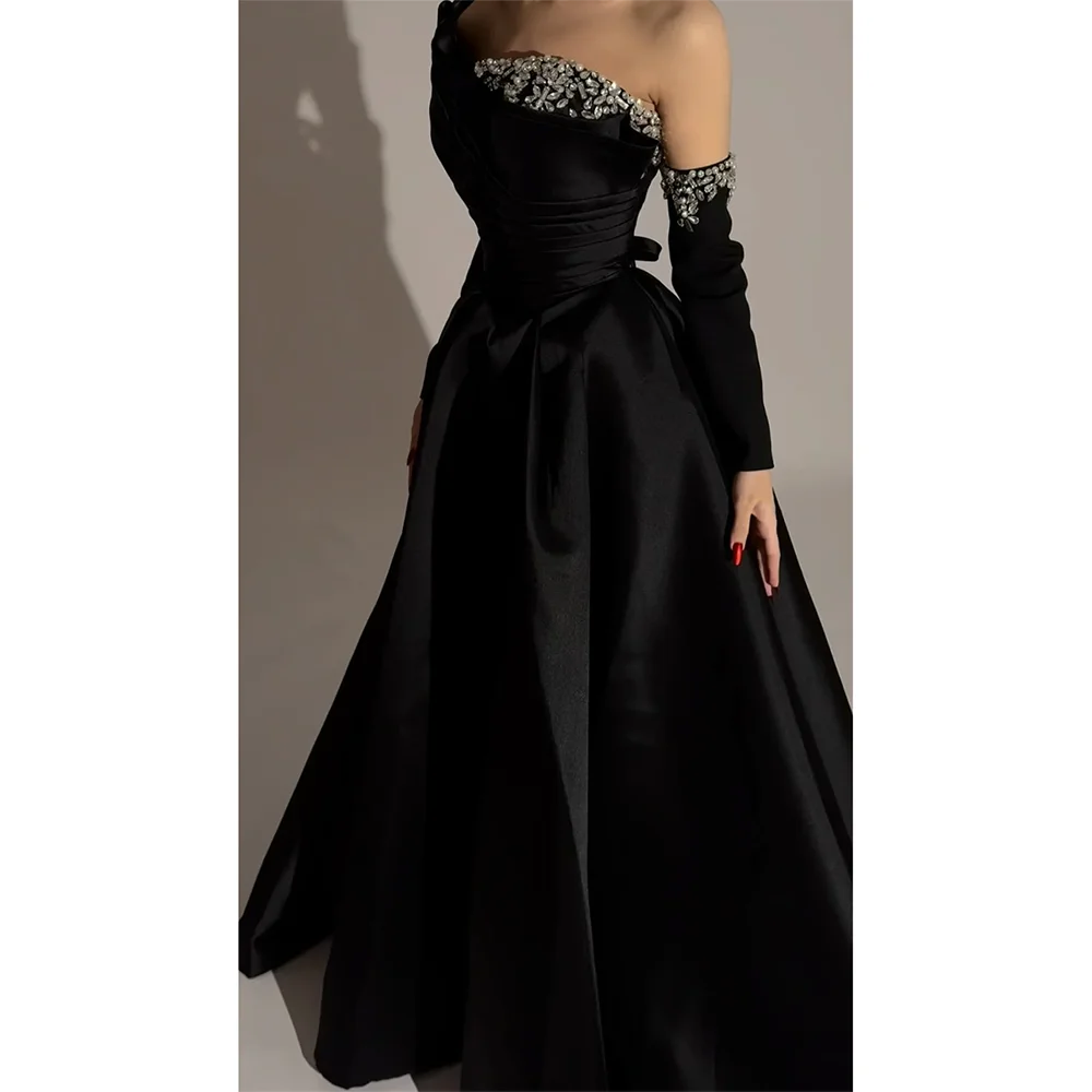 

Black Satin Evening Dresses Customized One Shoulder Crystal A Line Evening Gowns Floor-Length Formal Occasion Dress Customized