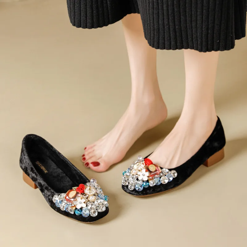 

Women Suede Flat Shoes with Crystal Decoration Loafers for Outdoor Use with Added Insulation Women Shoes with Thick Heels