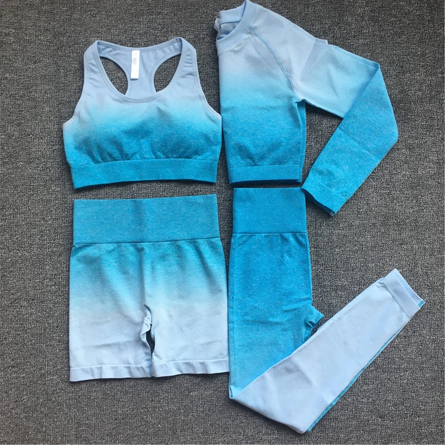 QK 2024 1PCS Seamless Women Fitness Gradient Yoga Set Ombre Squat Proof Workout Gym Leggings Running Tracksuit Sports Suits