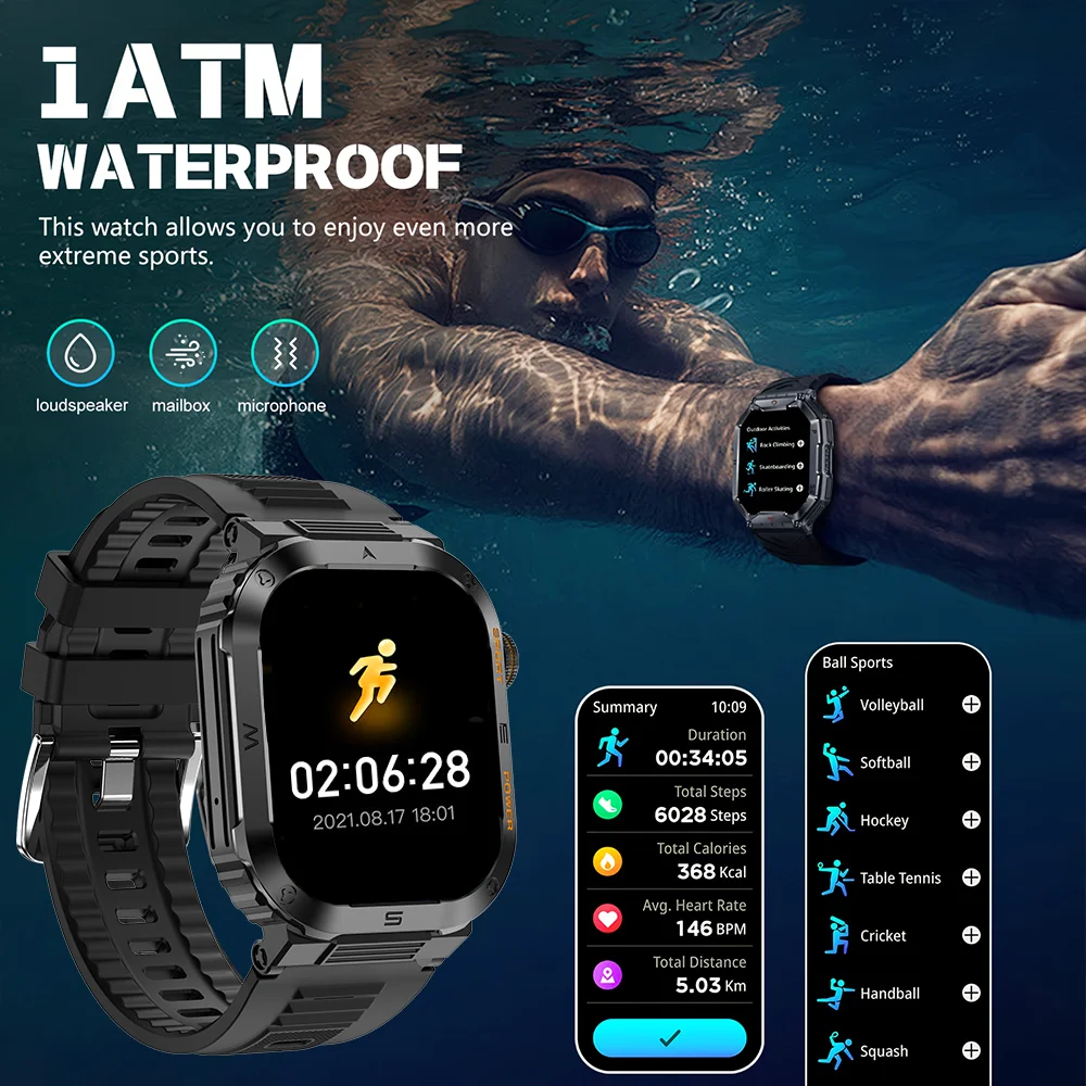 Rugged Military Smart Watch Men For Android IOS Ftiness Watches Ip68 Waterproof 2.05'' AI Voice Bluetooth Call Smartwatch 2024