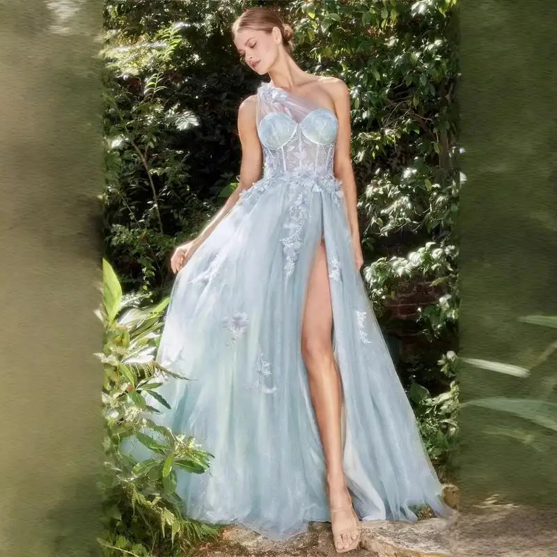 Single Shoulder Wedding Dress Sexy Slit Lace Three-dimensional Decal Dance Performance Hosting Banquet Party Dress Customized