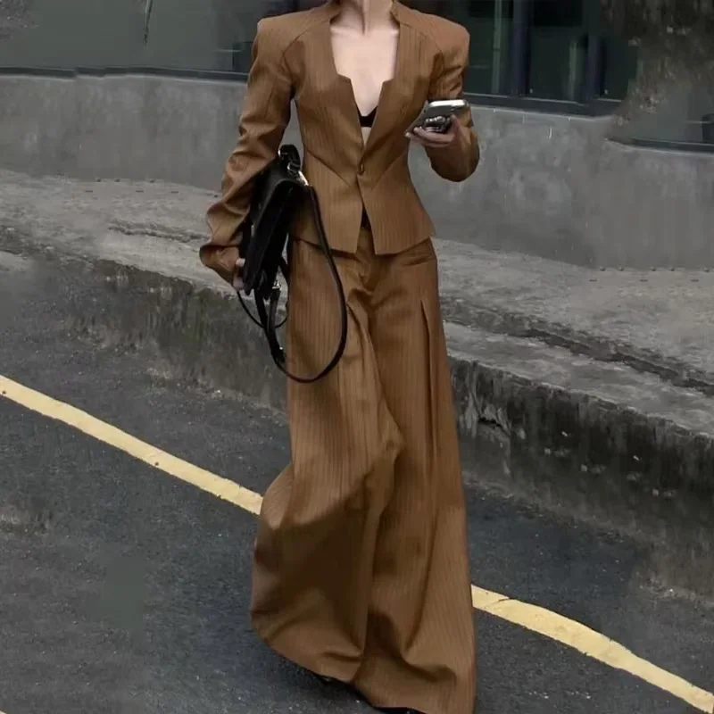 

Gymystars Women's Clothing Two Piece Trousers Set Spring Autumn V-Neck Loose Wide Leg Pants&coats Female Striped Blazer Suits