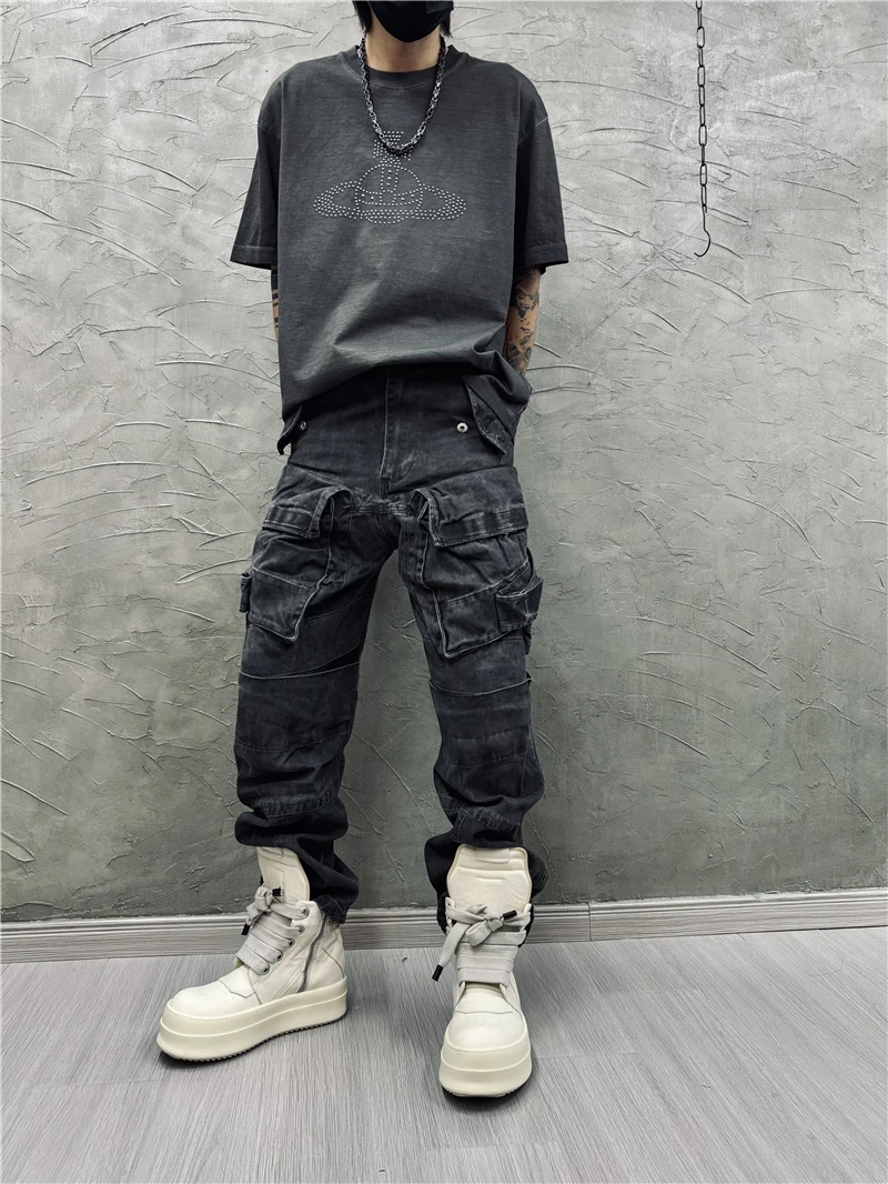 Avant-garde retro gewassen stiksels multi-pocket tactische overall persoonlijkheid matje broek trendy los casual