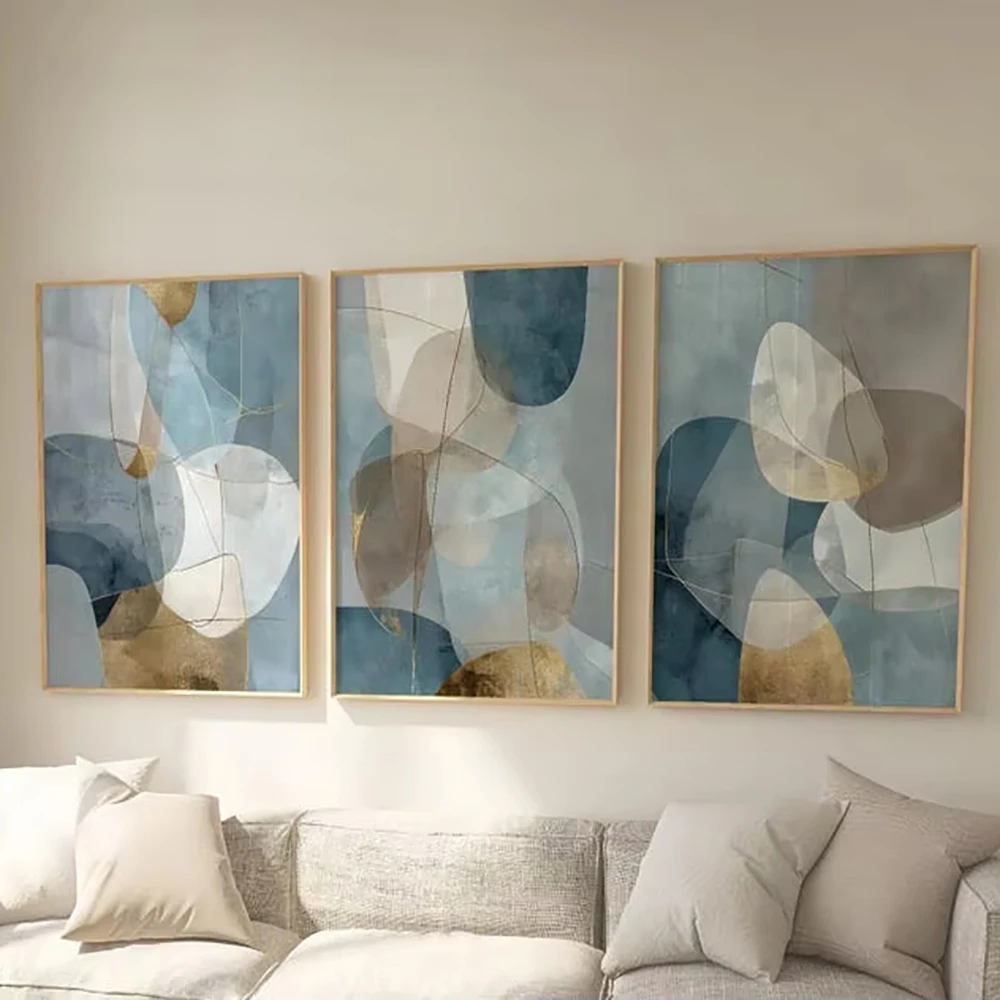 3pcs/set Abstract Blue-gray Gold Geometric Canvas Prints Neutral Earthy Pink Green Wall Art Posters for Living Room Home Decor